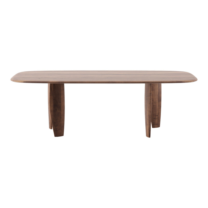 Natural wood dining table with a smooth, warm brown finish and rounded edges, showcasing a sleek, modern design.