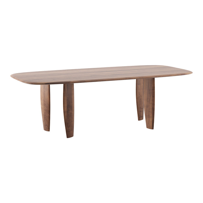 Wooden dining table in a warm brown finish with a smooth, rounded tabletop and tapered legs, showcasing natural grain patterns.