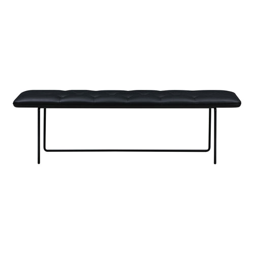 Black tufted bench with a sleek metal frame, featuring a modern design and minimalist style.