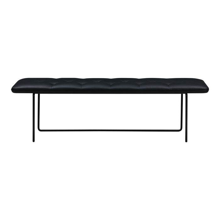 Black tufted bench with a sleek metal frame, featuring a modern design and minimalist style.