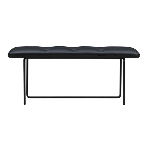 Sleek black upholstered bench with a tufted design and minimalist black metal frame. Perfect for modern decor.