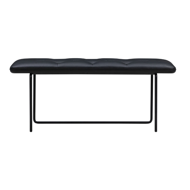 Sleek black upholstered bench with a tufted design and minimalist black metal frame. Perfect for modern decor.