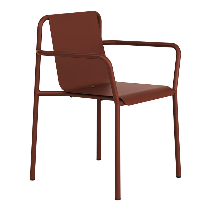 "Rust-colored modern chair with minimalistic design and sleek lines, perfect for contemporary decor."