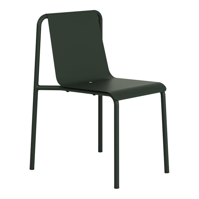 Green metal chair with a sleek, minimalist design and a smooth matte finish, perfect for modern spaces.