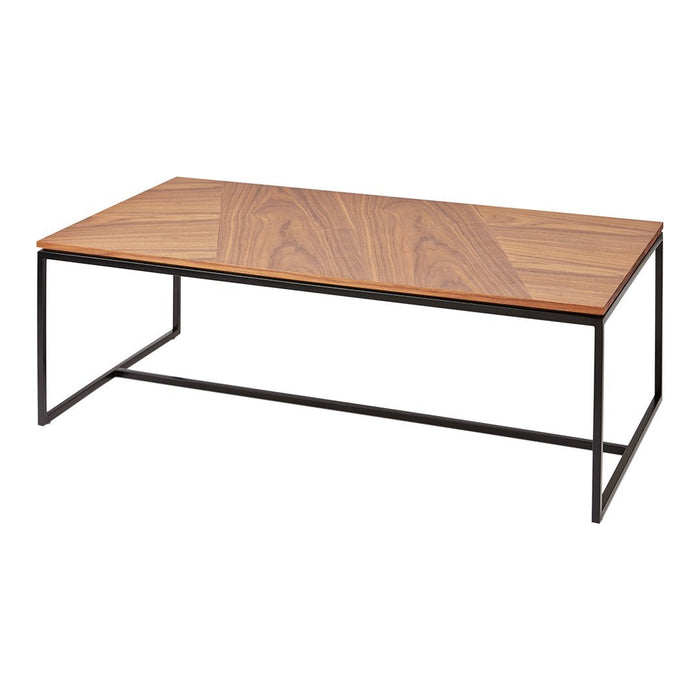Wooden coffee table with a herringbone pattern top and sleek black metal legs. Warm brown tones enhance any decor.