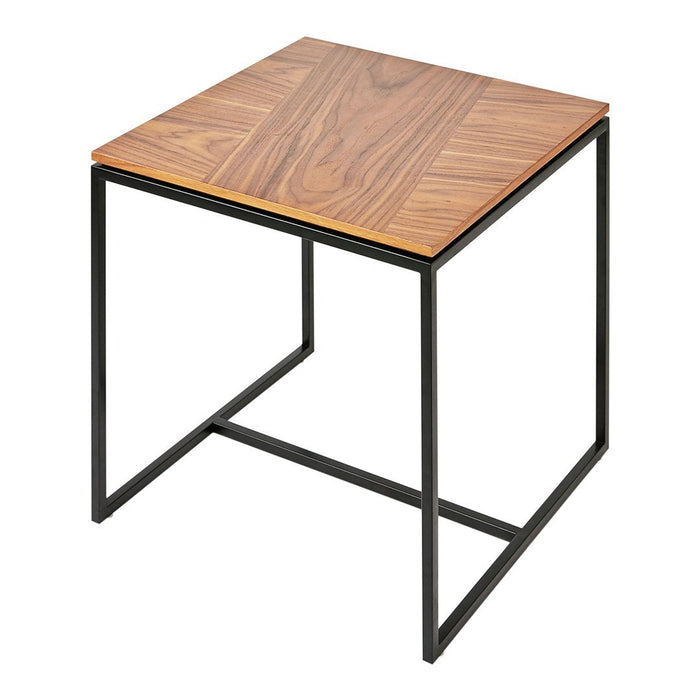 Brown wood-grain tabletop with a sleek black metal frame, ideal for modern decor.