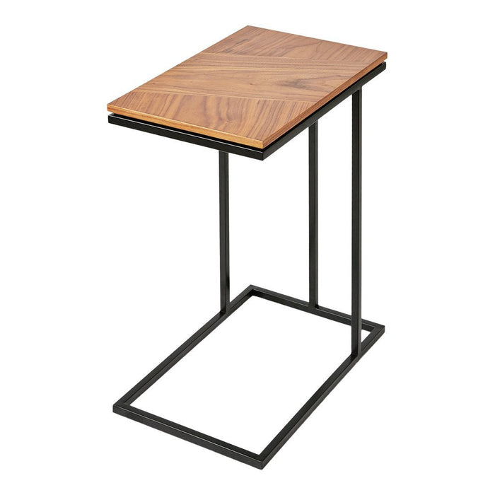 Walnut wood tabletop with geometric patterns on a sturdy black metal base. Modern design for any living space.
