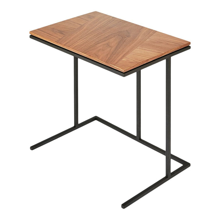 "Walnut-patterned wood tabletop with black metal legs, modern design for stylish home decor."