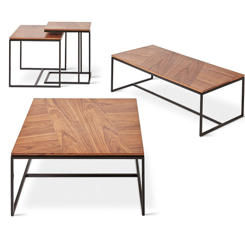Wooden coffee tables with a rich walnut finish and sleek black metal frames, showcasing geometric patterns.