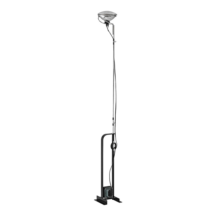 Sleek black floor lamp with a chrome shade and minimalistic design, perfect for modern decor.