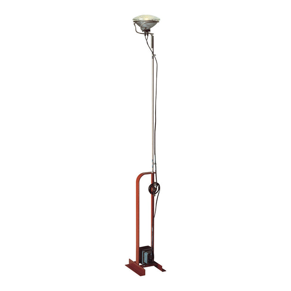 Industrial-style floor lamp with a sleek silver shade and a bold red metal base for a striking contrast.