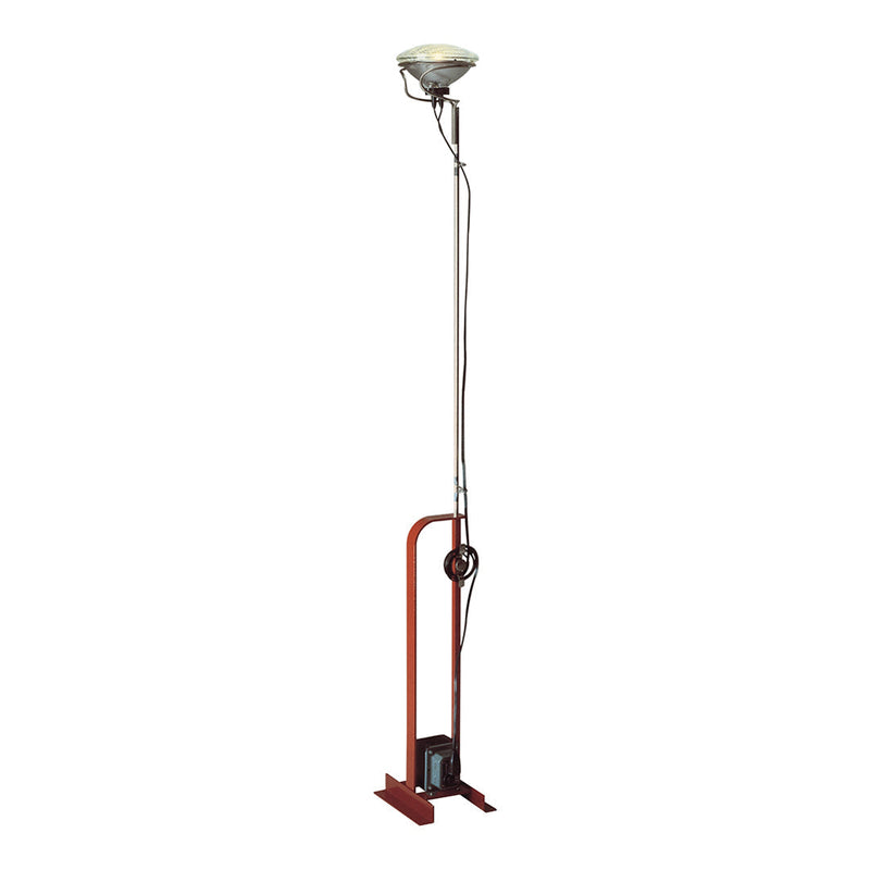 Industrial-style floor lamp with a sleek silver shade and a bold red metal base for a striking contrast.