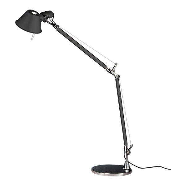 Black and silver adjustable desk lamp with a sleek, modern design and minimalist lines. Perfect for any workspace.