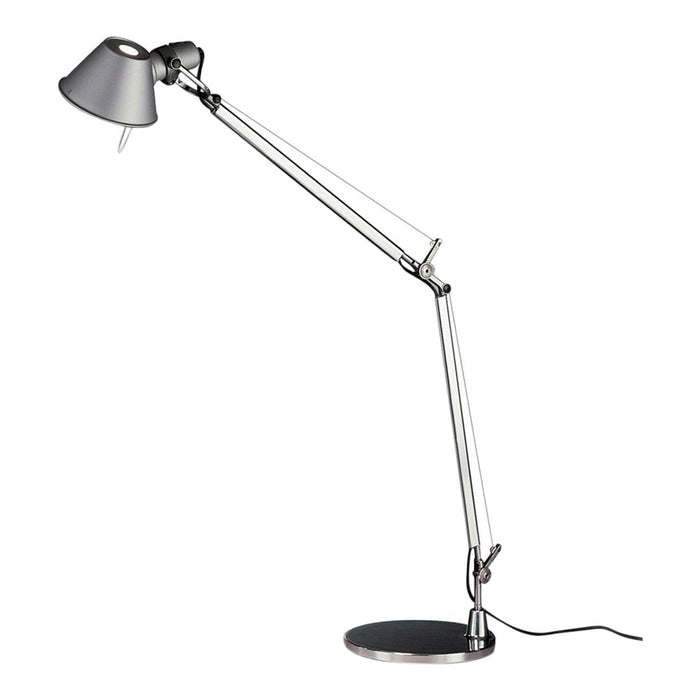Adjustable silver metal desk lamp with a sleek gray shade and a round black base, featuring a minimalist design.