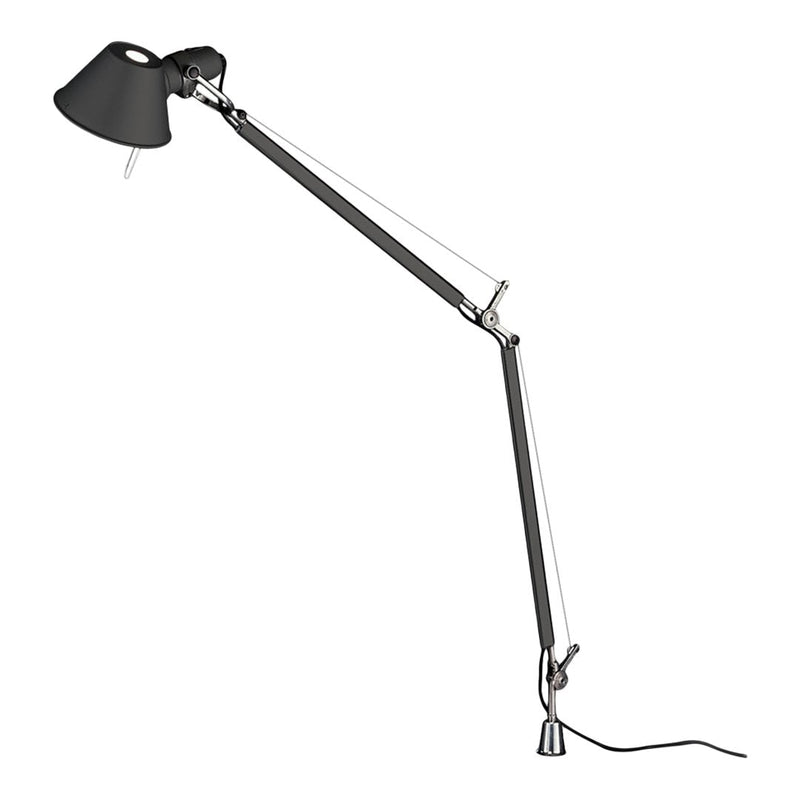 Black and silver adjustable desk lamp with a sleek, modern design and minimalist aesthetic.