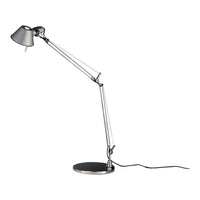 Adjustable silver desk lamp with sleek black accents and a modern minimalist design. Perfect for any workspace.