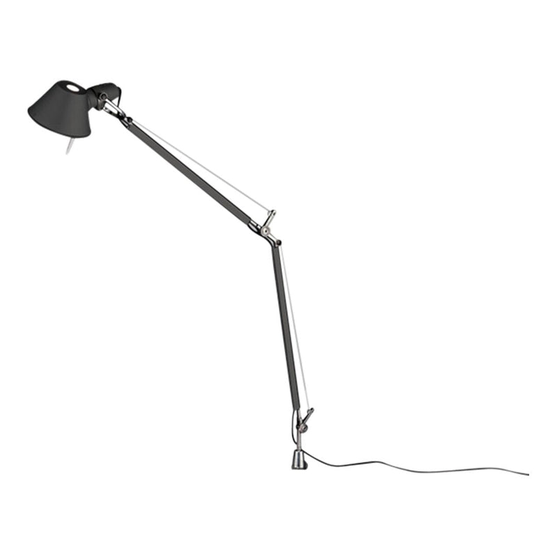 Black adjustable lamp with a sleek chrome arm and minimalist design. Ideal for modern spaces.