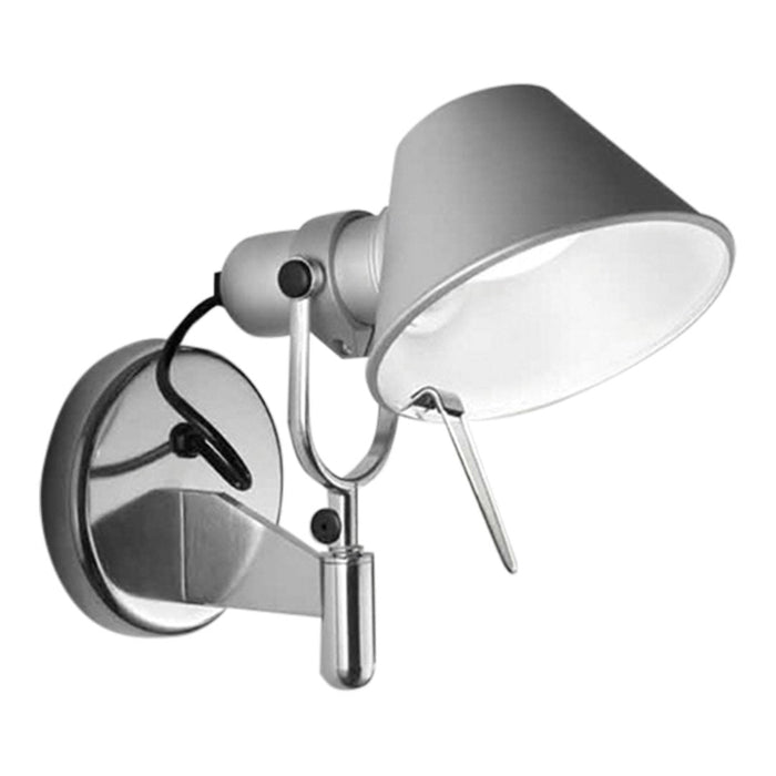 Sleek silver wall lamp with a matte white shade and black accents, perfect for modern decor.