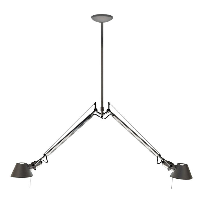 Modern black tripod ceiling lamp with sleek metal arms and matte gray shades, creating a minimalist aesthetic.