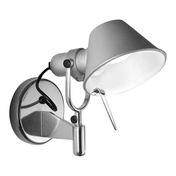 Silver wall-mounted lamp with a sleek, modern design and a glossy finish. Features a clean white shade and black accents.