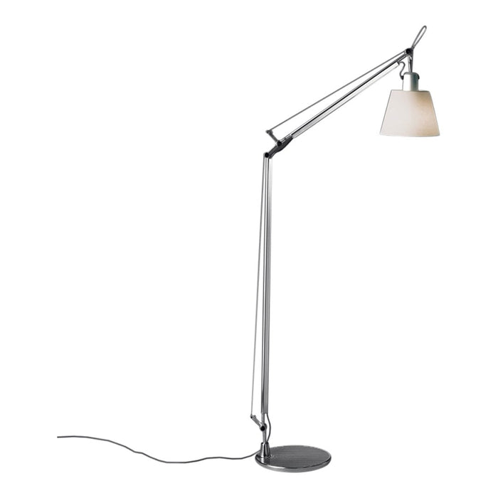 Sleek chrome floor lamp with a white glass shade and a minimalist design, perfect for modern decor.