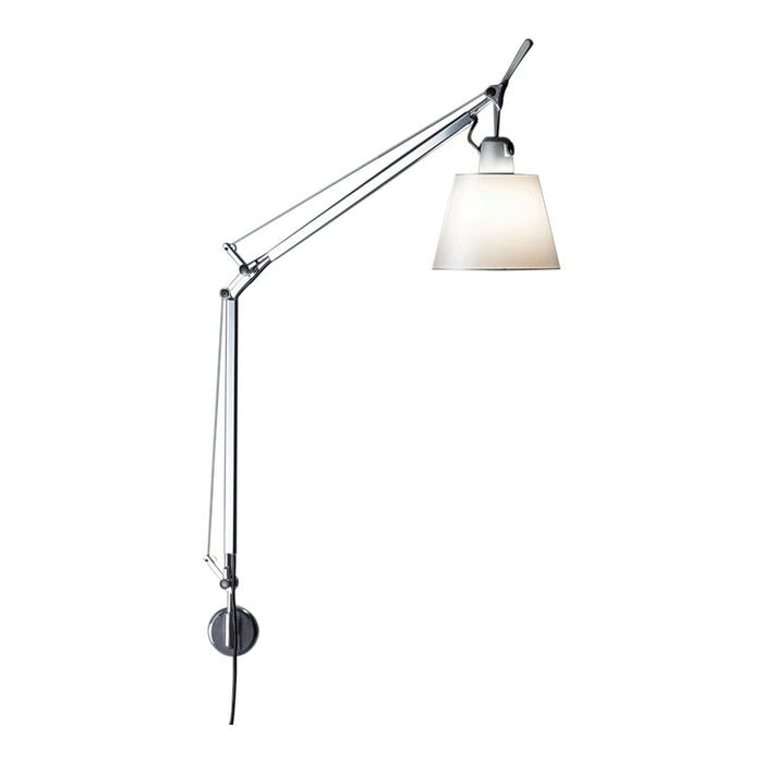 Modern silver wall lamp with a sleek metal arm and a white glass shade, perfect for contemporary decor.
