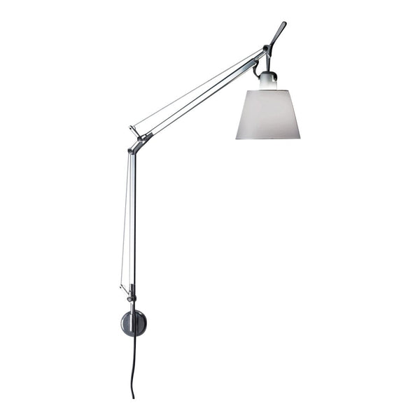 Chrome adjustable lamp with a sleek gray shade and black cord, featuring a minimalist design for modern spaces.