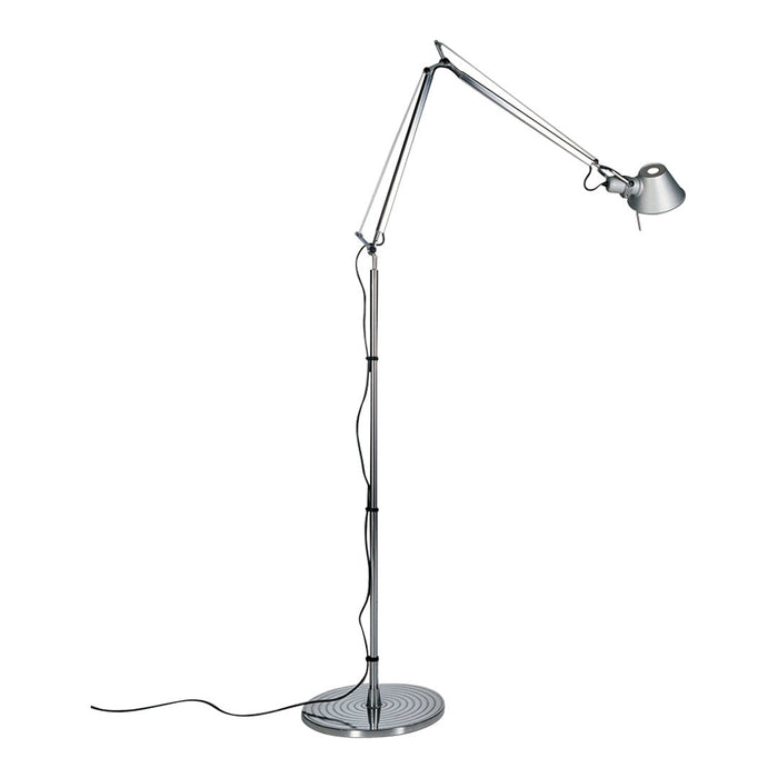 Chrome floor lamp with a sleek, modern design featuring a polished metallic finish and simple, clean lines.