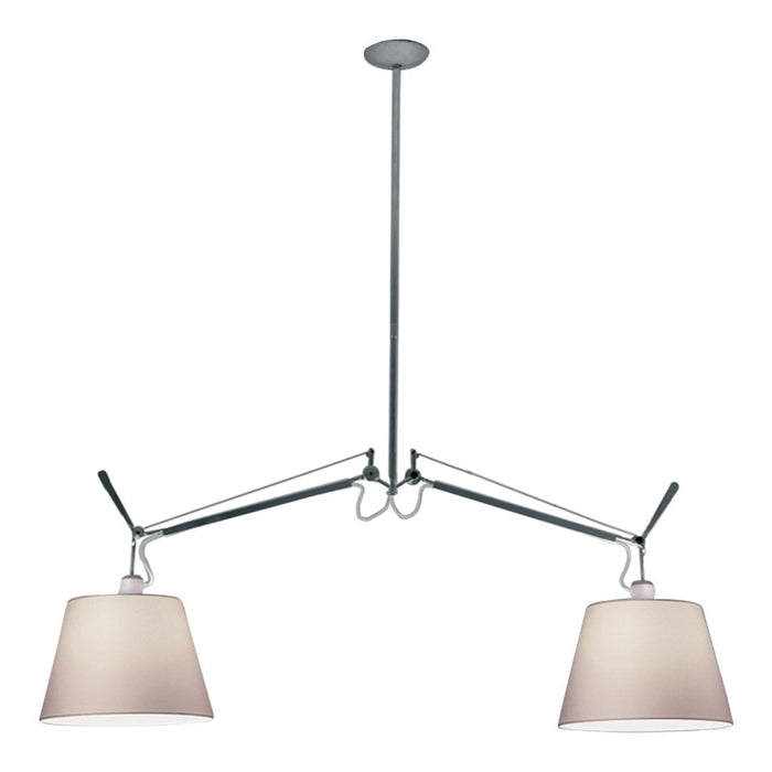 Modern chrome chandelier with two cream fabric shades and sleek, minimalistic design.