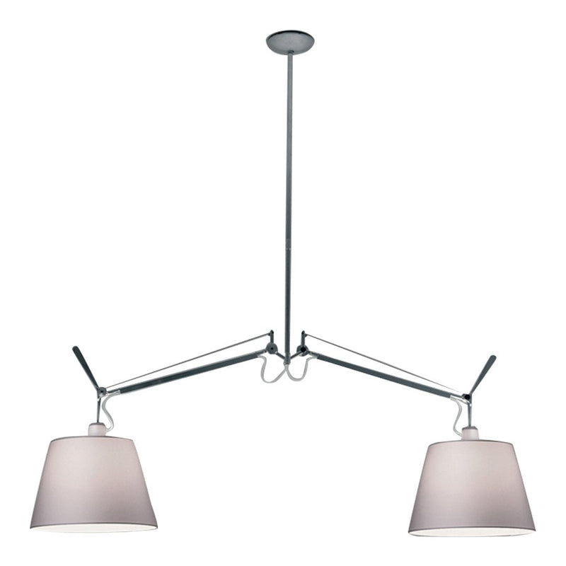 Sleek chrome suspension lamp with two soft white shades, featuring a minimalistic modern design.