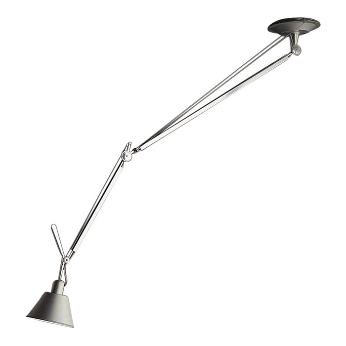 Silver adjustable lamp with sleek design and a glossy shade, featuring clean lines and modern aesthetics.