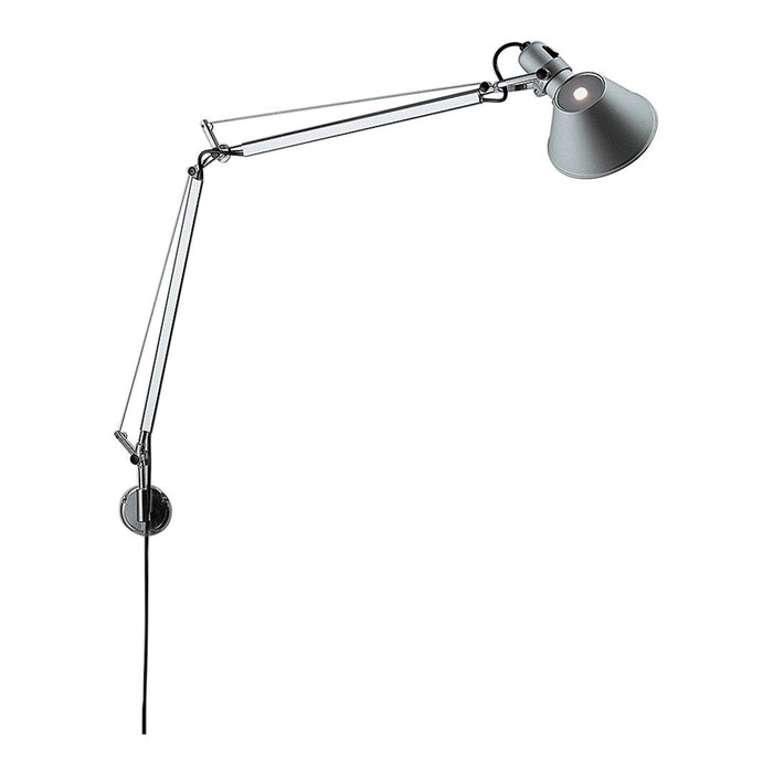 Adjustable silver wall lamp with sleek metallic finish and minimalistic design. Perfect for modern interiors.