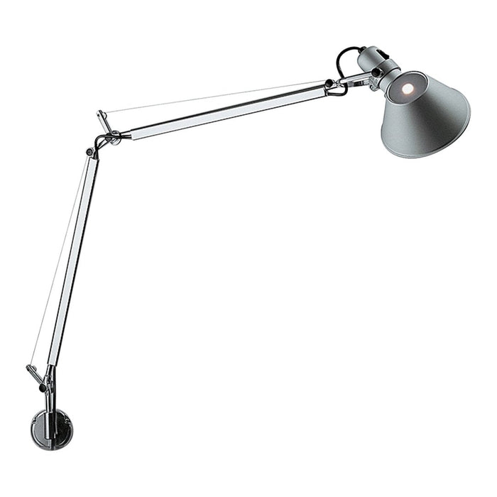 Silver metal desk lamp with a sleek, modern design and a gray shade, featuring clean lines and minimalistic style.