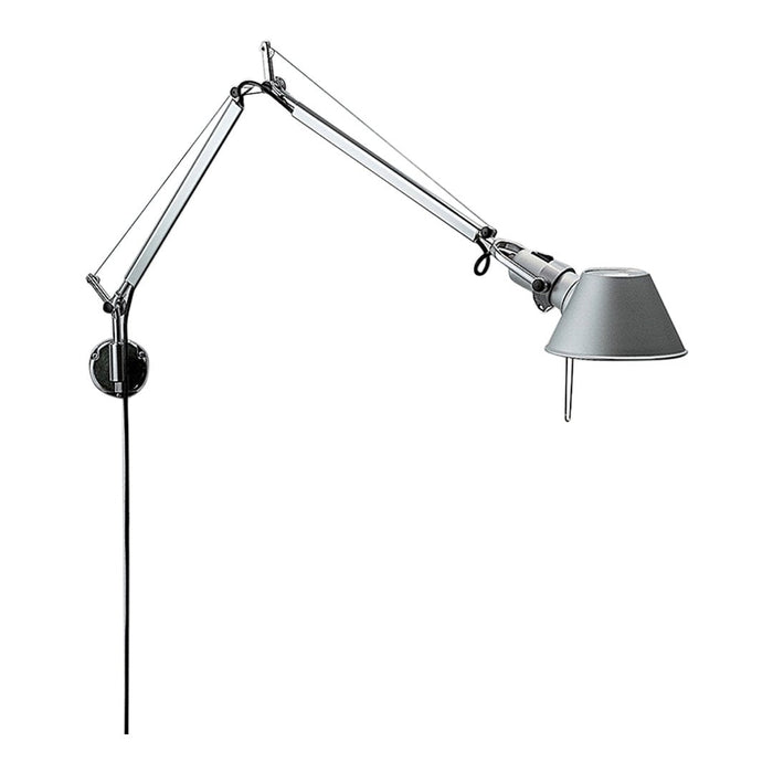 Chrome and gray adjustable wall lamp with a sleek, modern design and minimalist pattern. Perfect for contemporary spaces.
