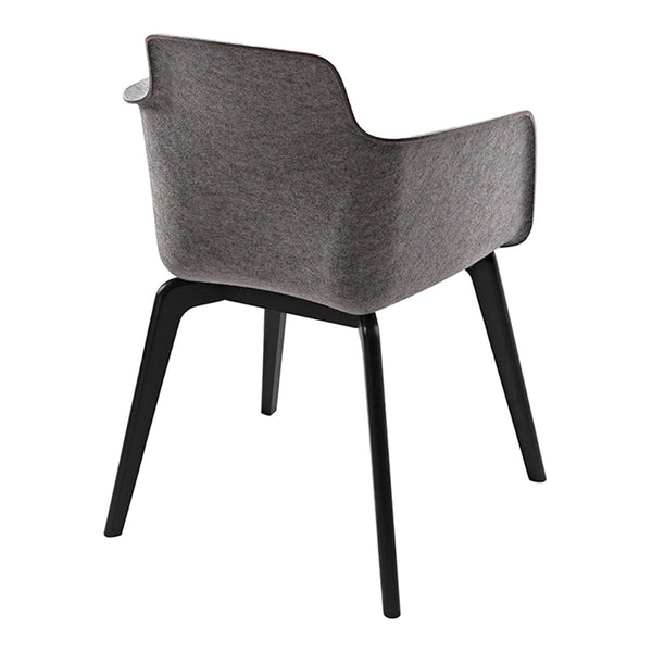 Gray upholstered chair with a sleek black frame, showcasing a minimalist and modern design. Ideal for stylish decor.