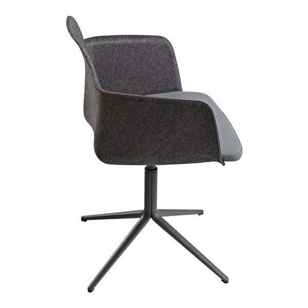 Gray upholstered chair with a sleek, modern design and a black metal base. Ideal for contemporary interiors.
