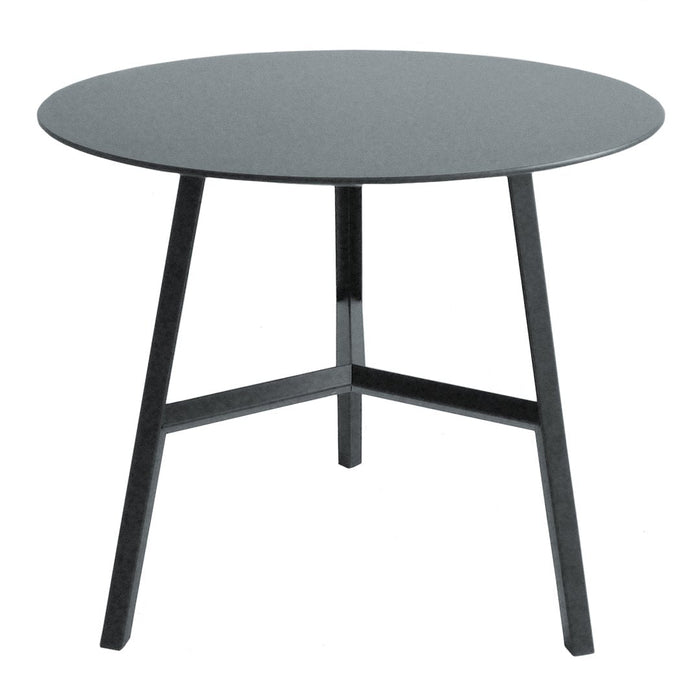 Round black tabletop with smooth surface, supported by three sleek black legs, perfect for modern decor.
