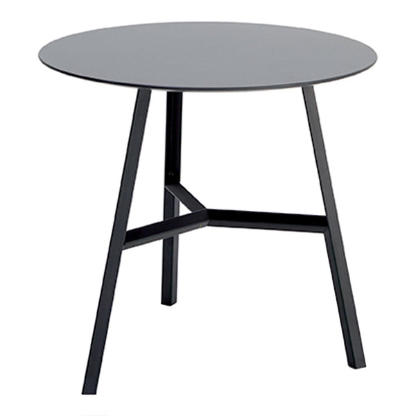 Black round table with a sleek, matte finish and minimalistic legs, perfect for modern decor.