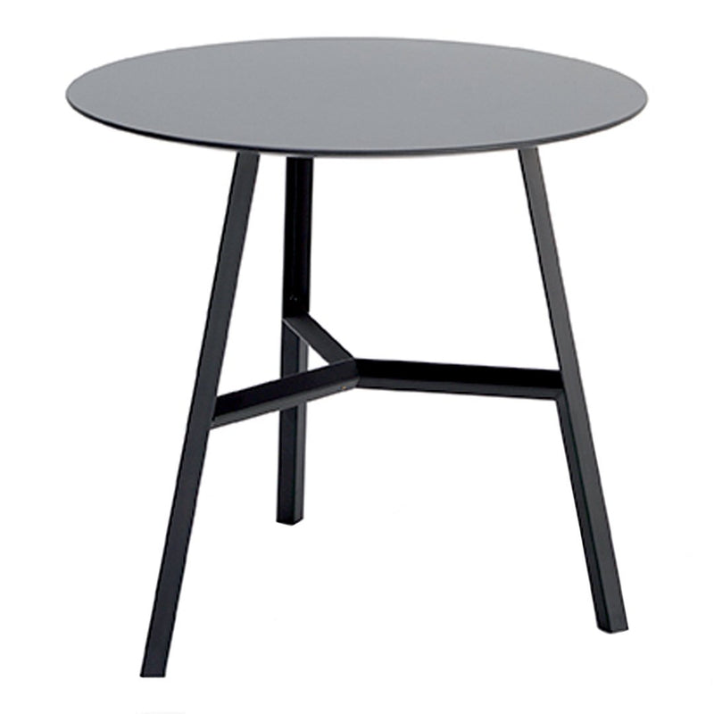 Black round table with a sleek, matte finish and minimalistic legs, perfect for modern decor.