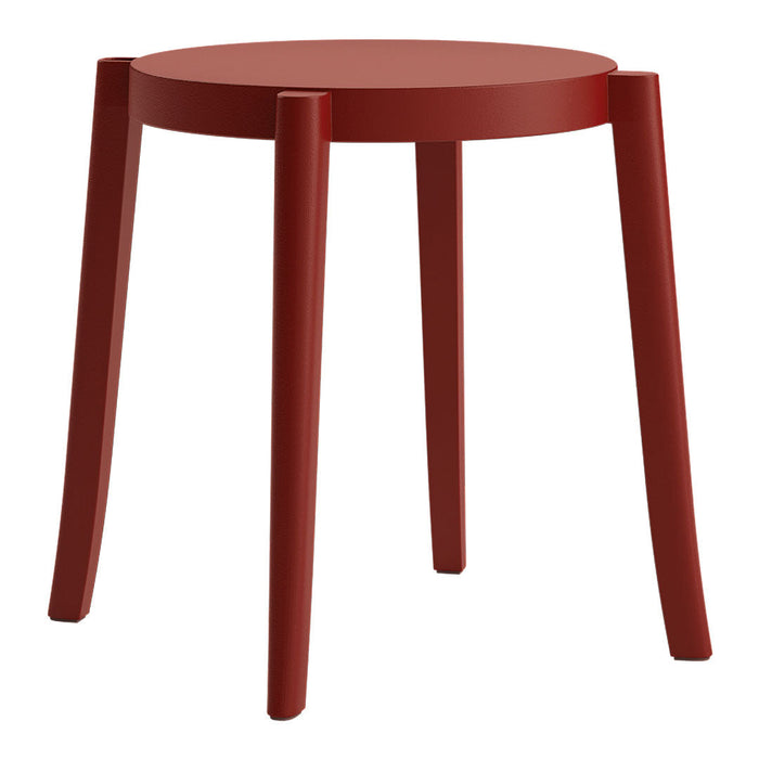 Red round stool with smooth, solid surface and sleek legs, perfect for modern decor.