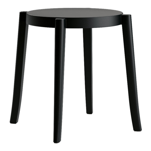 Black round stool with sleek legs, featuring a minimalist design and smooth, matte surface. Perfect for modern decor.