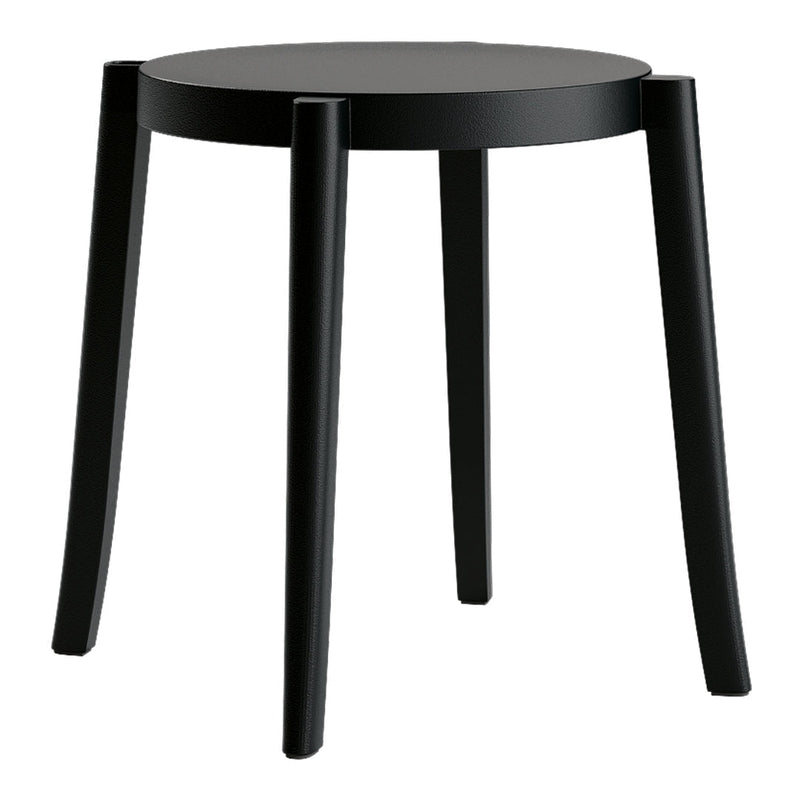 Black round stool with sleek legs, featuring a minimalist design and smooth, matte surface. Perfect for modern decor.