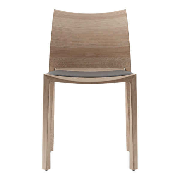 Light wood chair with a smooth, minimal design and a gray seat cushion. Perfect for modern decor.