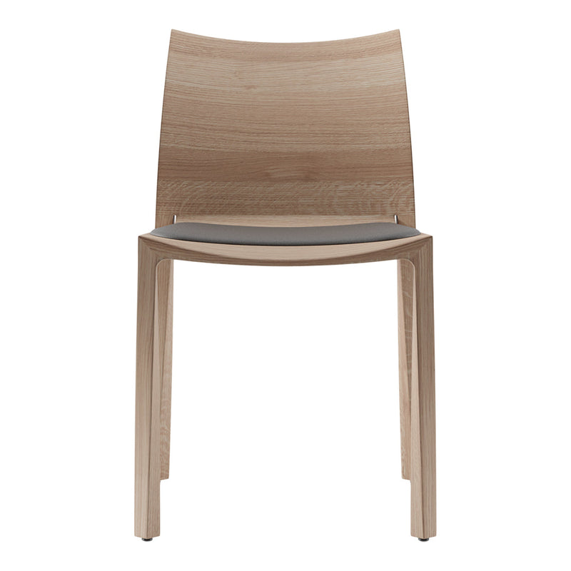 Light wood chair with a smooth, minimal design and a gray seat cushion. Perfect for modern decor.