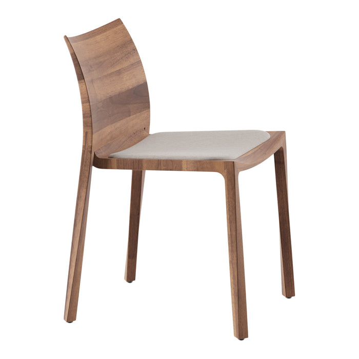 Wooden dining chair with a natural walnut finish and a light beige upholstered seat. Sleek, minimalist design.