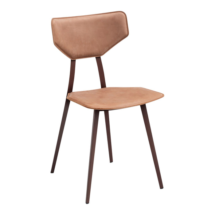 Tan upholstered chair with a sleek design and dark metal legs, featuring a smooth finish and minimalist style.