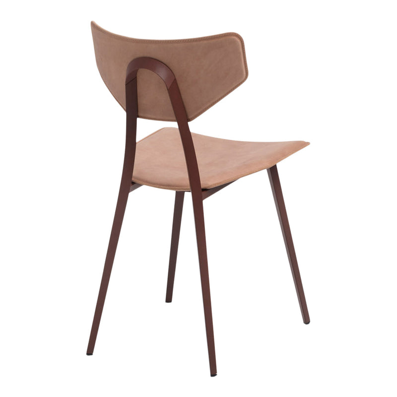 Brown upholstered chair with a smooth, minimalist design and dark wood legs, showcasing a modern aesthetic.