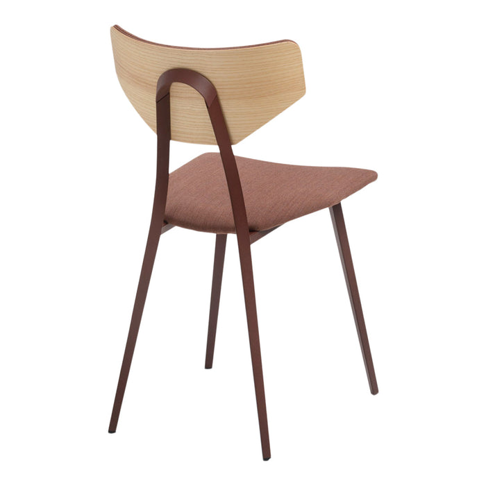 Modern chair featuring a warm brown fabric seat with a wood backrest and rich brown legs, blending style and comfort.