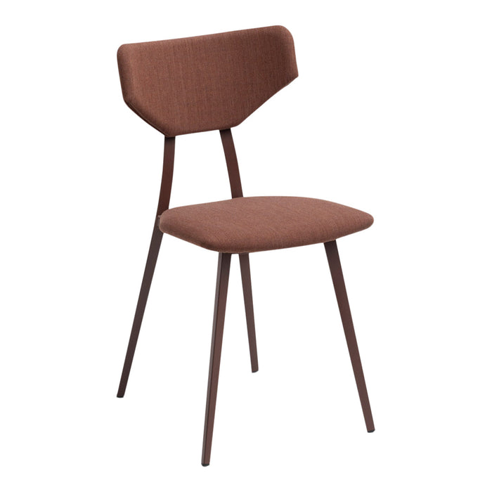 Brown upholstered chair with a minimalist design and geometric patterns on the seat and backrest.