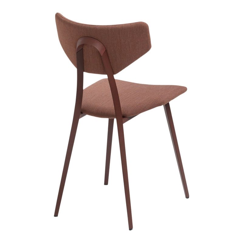 "Brown upholstered chair with a sleek design and wooden legs, featuring smooth curves and a simple, modern aesthetic."